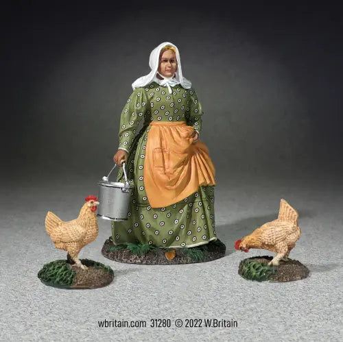 Miss Dayfield Woman Doing Farm Chores and two Chickens