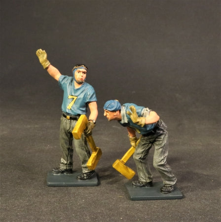 USS Bunker Hill, 2 Plane Handlers Pushing with Chocs